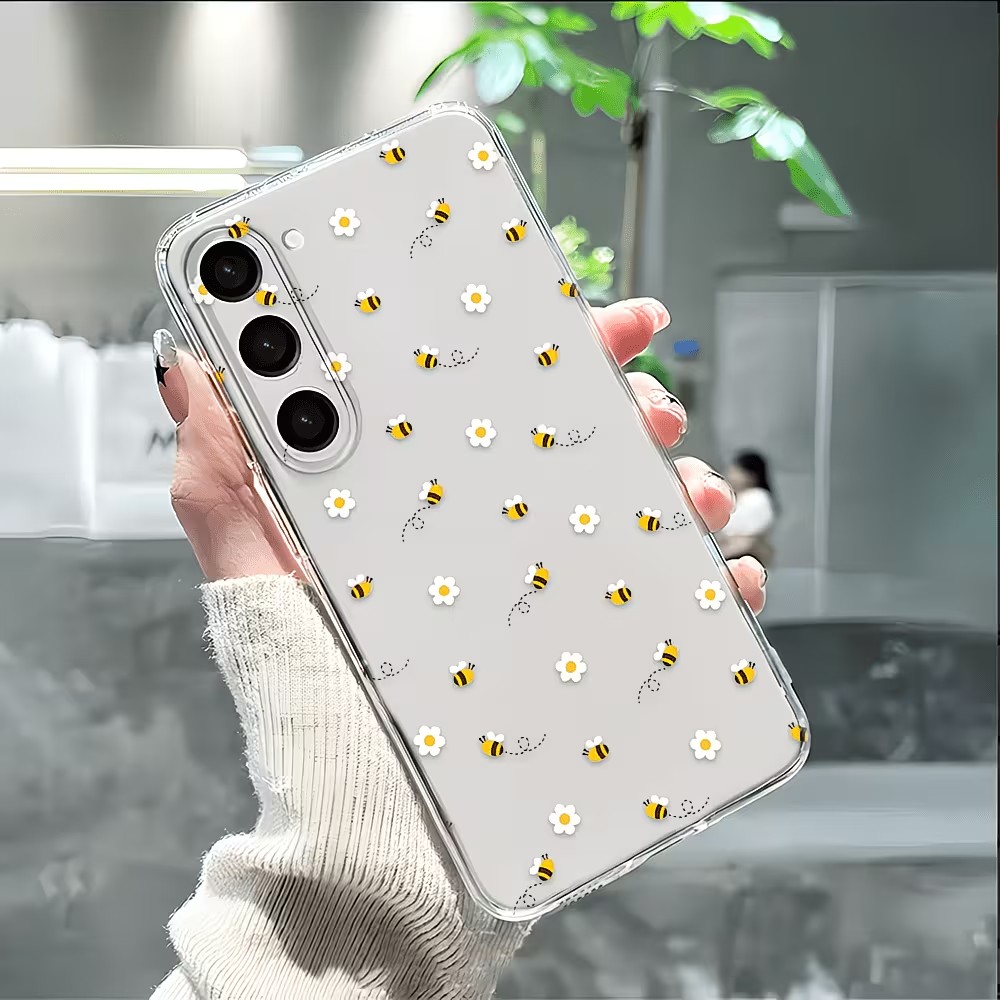 Samsung Galaxy A55 - 透明TPU製キュートな蜂とデイジー柄のスマホケース Samsung Galaxy A73 A72 A71